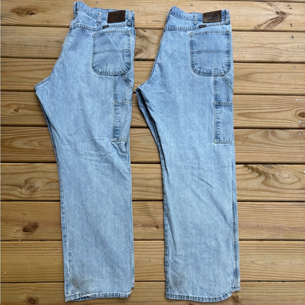 2 Wrangler Blue Relaxed Jeans Classic Denim Washed Carpenter Dad Work Worn 42x32